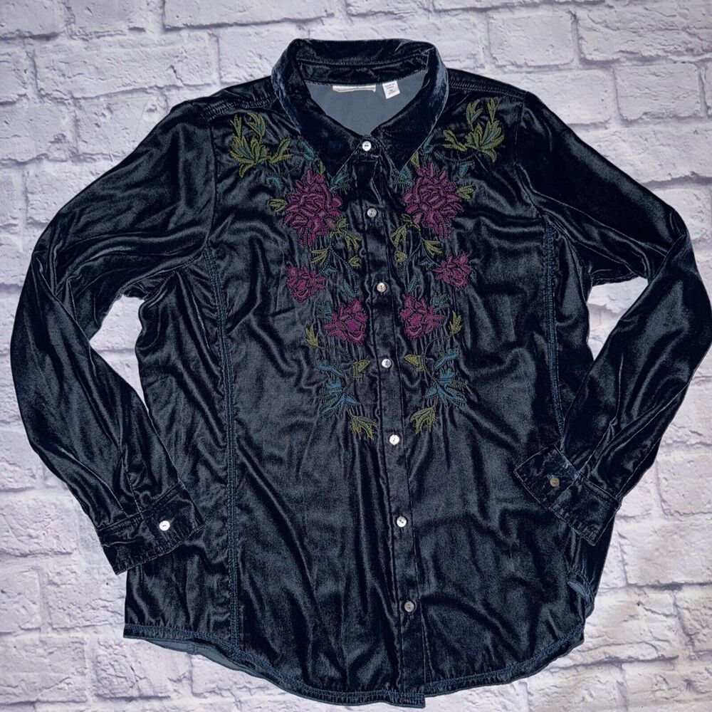 J.JILL Uncommon Threads‎ Dark Blue Floral Embroidery Velvet Blouse PM Medium